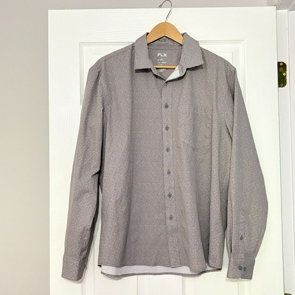 FLX Shirt Mens XL Gray Check Slim Fit Urban Commuter Long Sleeve Button Up
